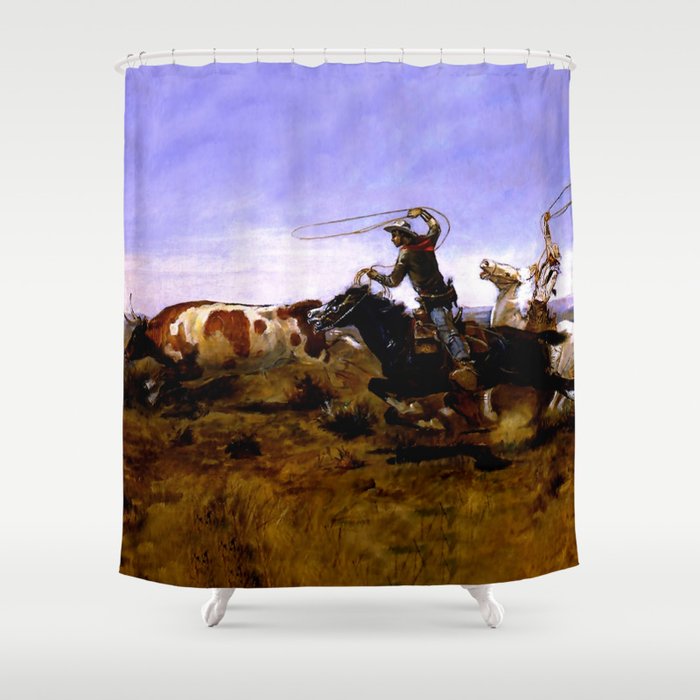 “Cowboys Roping a Steer” by Charles M Russell Shower Curtain