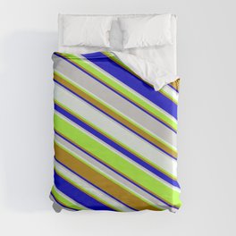 [ Thumbnail: Colorful Light Gray, Mint Cream, Light Green, Dark Goldenrod, and Blue Colored Striped/Lined Pattern Duvet Cover ]