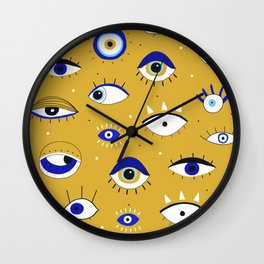 Funny eyes open and close doodles hand drawn on yellow background illustration pattern Wall Clock