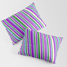 [ Thumbnail: Eye-catching Forest Green, Sky Blue, Orchid, Dark Violet, and Beige Colored Striped/Lined Pattern Pillow Sham ]