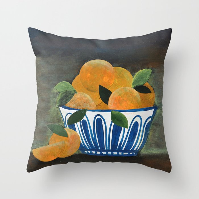 Still Life Oranges in Blue Bowl Throw Pillow