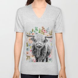 Cutest Highland Cow With Flowers V Neck T Shirt