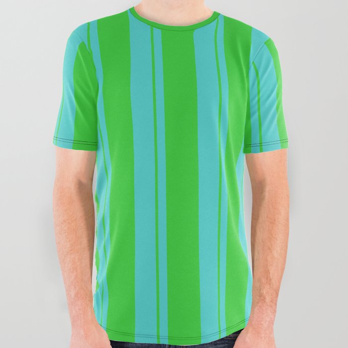 Turquoise and Lime Green Colored Pattern of Stripes All Over Graphic Tee