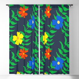 Bright 80’s Summer Flowers On Navy Blue Blackout Curtain