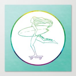 Surf Skate Cruise | California Skater Surfer Girl Design | Beach Inspired Artwork | Tie Dye Aqua Aesthetic Canvas Print