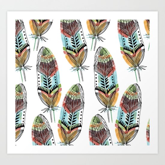 Aztec Watercolor feathers Art Print