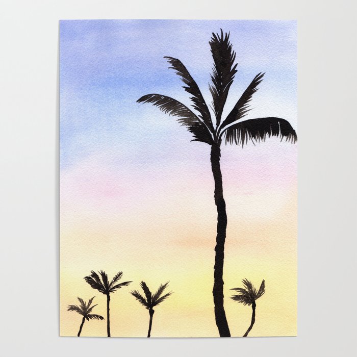 Palm Trees with Soft Sunset Watercolor Painting Poster by Land-and-Sea Art  Studio