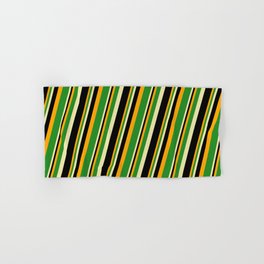 [ Thumbnail: Orange, Forest Green, Pale Goldenrod, and Black Colored Lined/Striped Pattern Hand & Bath Towel ]