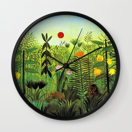 Exotic Jungle Landscape with Lion and Lioness by Henri Rousseau Wall Clock