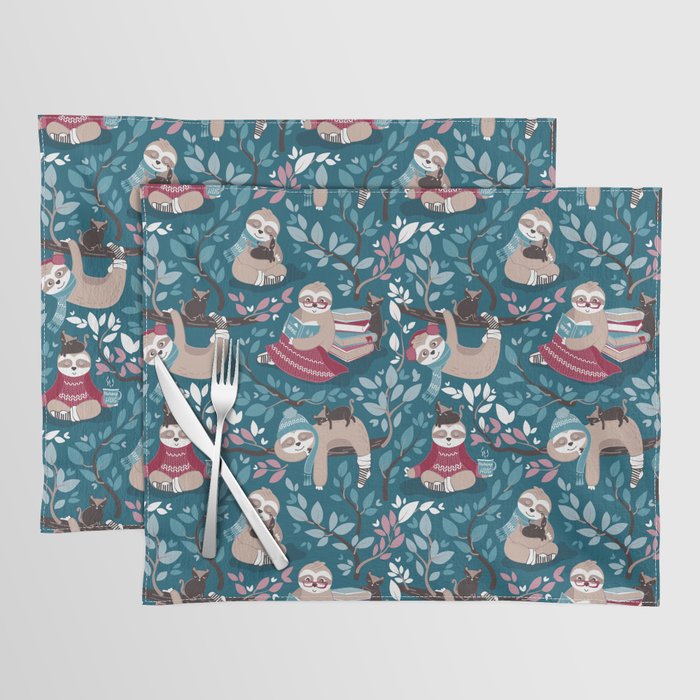 Hygge sloth // turquoise and red Placemat