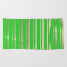 [ Thumbnail: Light Pink & Lime Green Colored Lined Pattern Beach Towel ]