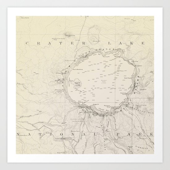 Crater Lake Vintage Map Art Print