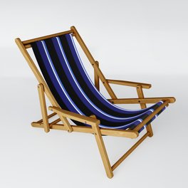 [ Thumbnail: Royal Blue, Black, Midnight Blue & White Colored Striped Pattern Sling Chair ]