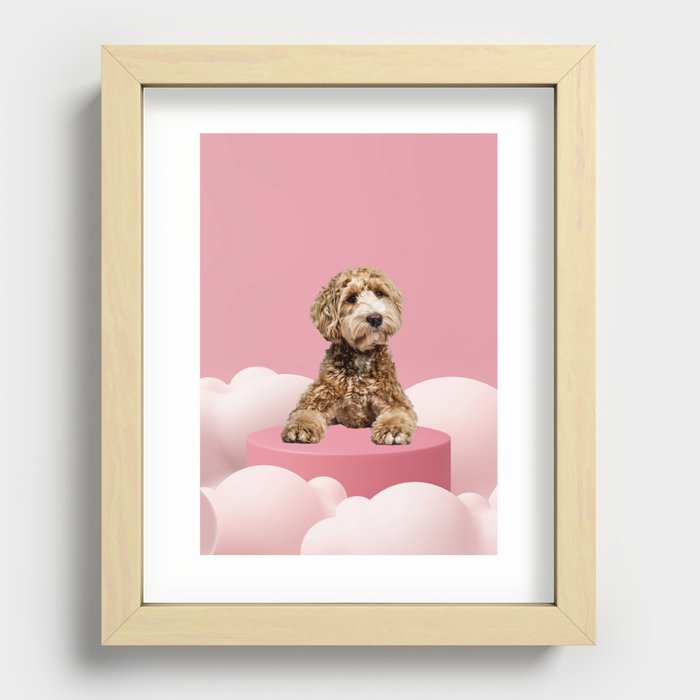 Goldendoodle Laying on Pastel Pink Podium with Cloud Recessed Framed Print