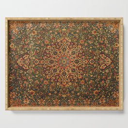 Antique Distressed Green and Orange Woven Persian Rug Serving Tray