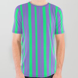 [ Thumbnail: Purple and Green Colored Stripes Pattern All Over Graphic Tee ]