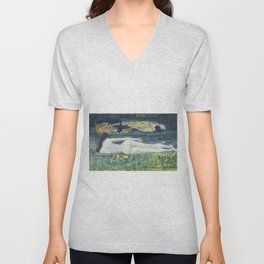Laying Nude; river with peacocks beautiful figurative nude portrait painting by Mikhail Aleksandrovich Vrubel V Neck T Shirt