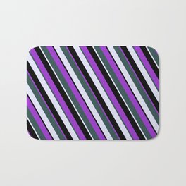 [ Thumbnail: Dark Orchid, Dark Slate Gray, Lavender, and Black Colored Striped/Lined Pattern Bath Mat ]