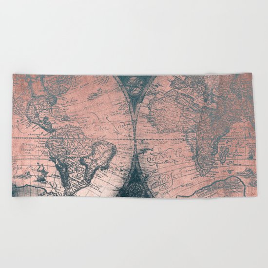 Vintage World Map Rose Gold and Storm Gray Navy Beach Towel