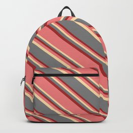 [ Thumbnail: Light Coral, Tan, Gray & Brown Colored Striped Pattern Backpack ]
