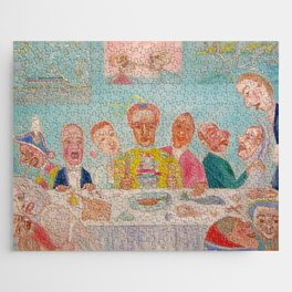 Banquet of the Starved, comical repast the last supper with skeleton portraits grotesque art portrait painting by James Ensor Jigsaw Puzzle