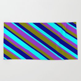 [ Thumbnail: Aqua, Dark Orchid, Green, and Dark Blue Colored Stripes/Lines Pattern Beach Towel ]