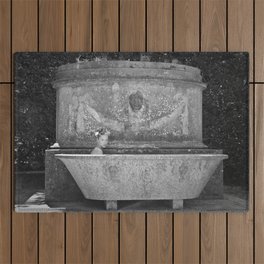 Return to innocence; blond female in ancient outdoor bathtub French countryside black and white photograph - photography - photographs Outdoor Rug
