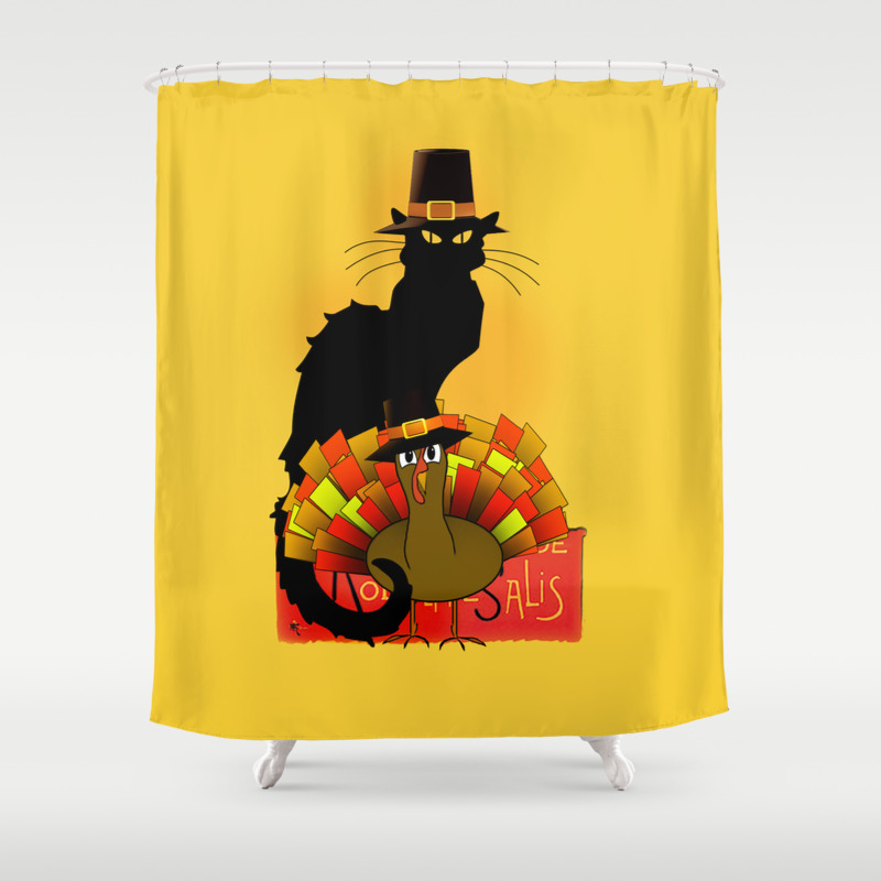 Thanksgiving Le Chat Noir With Turkey Pilgrim Shower Curtain By