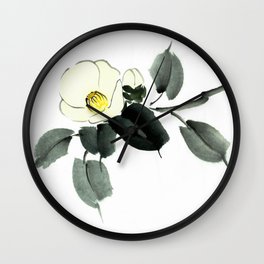 White camellia sumi ink and japanese watercolor painting Wall Clock