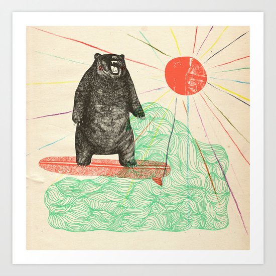 Bustin' Surfboards Bear Art Print