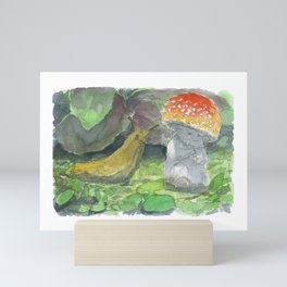 A little mushroom with a slug Mini Art Print
