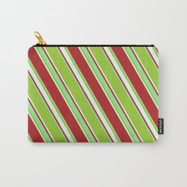 [ Thumbnail: Red, Light Green, Green & Mint Cream Colored Lines Pattern Carry-All Pouch ]