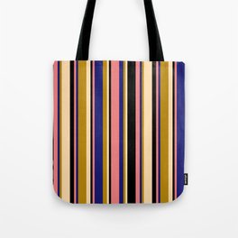 [ Thumbnail: Light Coral, Midnight Blue, Dark Goldenrod, Tan & Black Colored Lined Pattern Tote Bag ]
