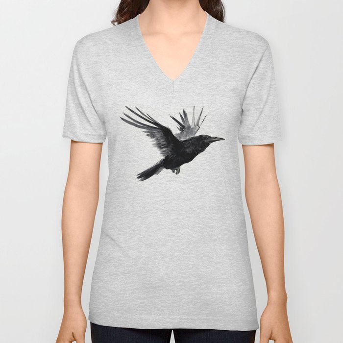 Raven, Flying Raven, Tribal Raven, Crow art black and white V Neck T Shirt
