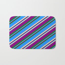 [ Thumbnail: Blue, Pale Goldenrod, Purple & Green Colored Lined/Striped Pattern Bath Mat ]