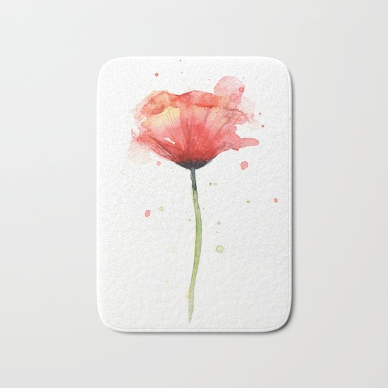 Red Poppy Watercolor Flower Floral Bath Mat