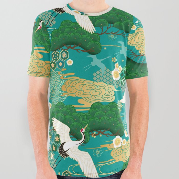 Japanese Flying Crane Aqua Mint Forest Pattern All Over Graphic Tee
