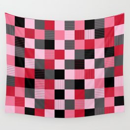 Valentine's Day Black, Red, Pink, & Grey Checkered Plaid Pattern Wall Tapestry