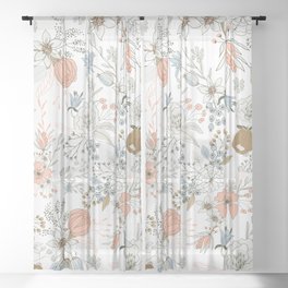Abstract modern coral white pastel rustic floral Sheer Curtain