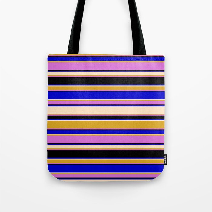 Colorful Blue, Bisque, Goldenrod, Orchid, and Black Colored Stripes Pattern Tote Bag