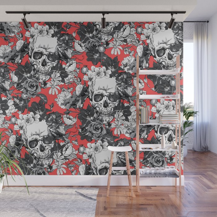 SKULLS ON RED BACKGROUND Wall Mural