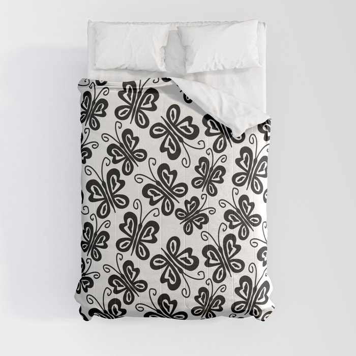 Charming Butterflies in Black on White Comforter