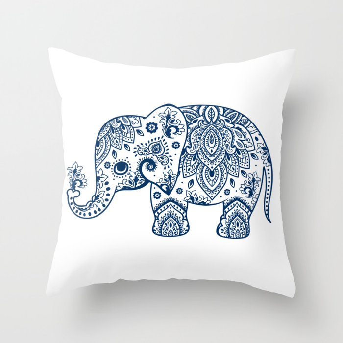Blue Floral Paisley Cute Elephant Illustration Throw Pillow By