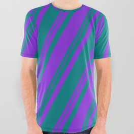 [ Thumbnail: Purple & Teal Colored Stripes Pattern All Over Graphic Tee ]
