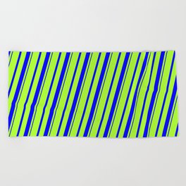 [ Thumbnail: Light Green and Blue Colored Striped/Lined Pattern Beach Towel ]