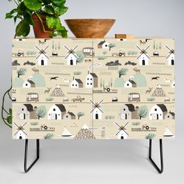 Seamless colorful pattern with house, trees, horses, mills and hills. Nordic nature landscape concept. Seamless landscape.  Credenza