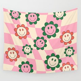 Warped Hippie Flowers Smiley Wall Tapestry