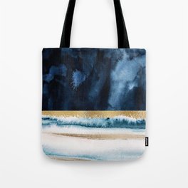 Navy Blue, Gold And White Abstract Watercolor Art Tote Bag