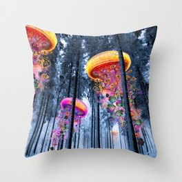 Winter Forest of Electric Jellyfish Worlds Throw Pillow