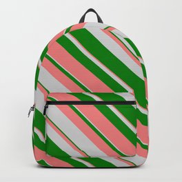 [ Thumbnail: Light Grey, Green & Light Coral Colored Lines/Stripes Pattern Backpack ]